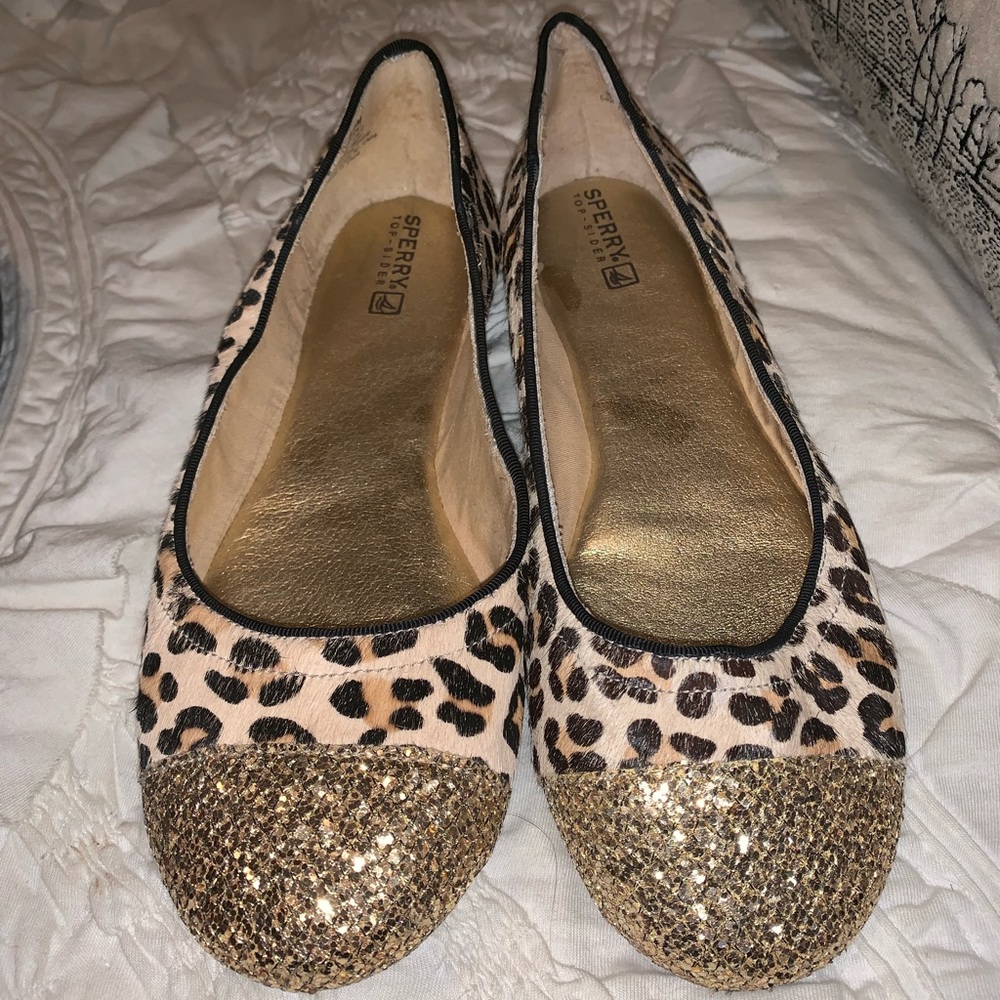 Sperry Cheetah & Gold Glitter Flats - Like New